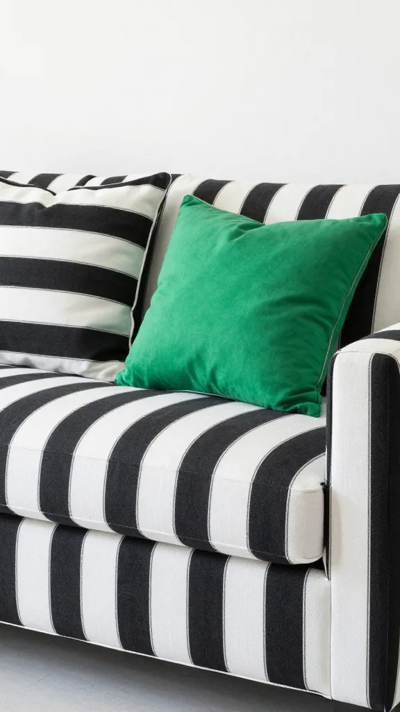 A black-and-white base with one bold pop: a contemporary sofa in white, black-and-white striped or geometric pillows, plus a single emerald green pillow as the accent; bright natural light and a clean, uncluttered backdrop.