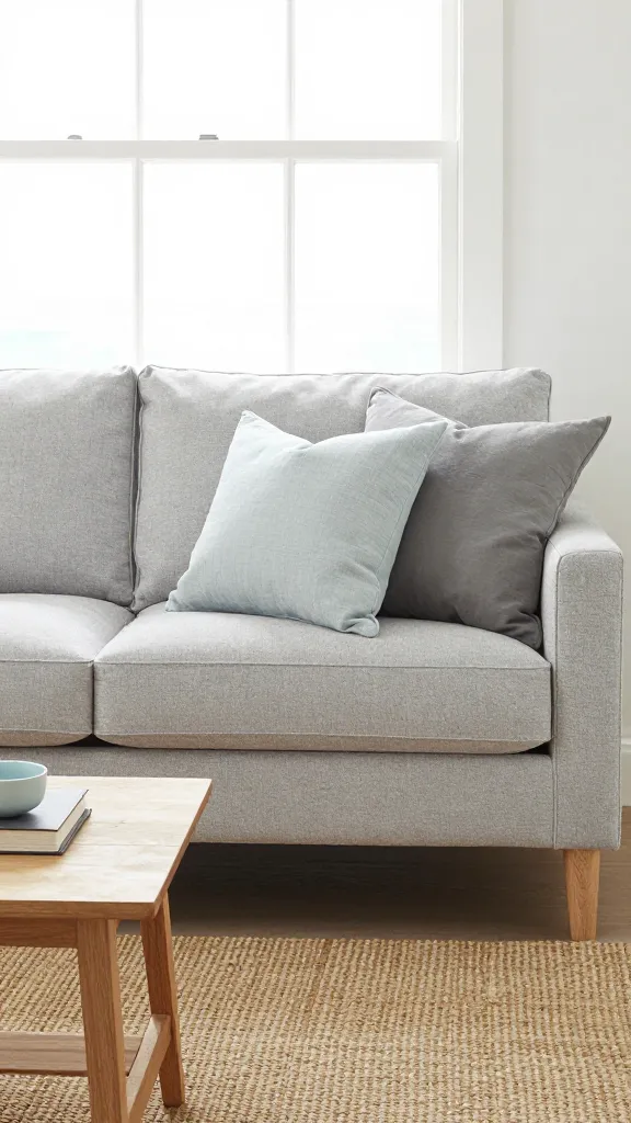 A coastal-inspired setup: a light gray sofa with monochrome gray pillows (slate, dove, ash) and a single pale blue pillow; a woven jute rug, light wood coffee table, and a large sunlit window.