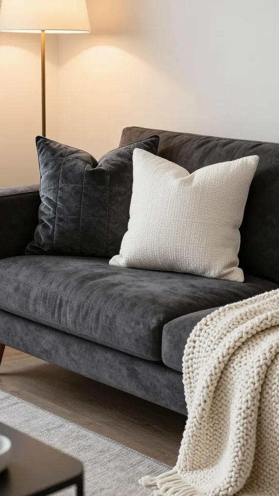 A cozy living room featuring a charcoal sofa with a mixed-texture pillow assortment: velvet charcoal, quilted graphite, and a white textured pillow; warm tungsten lighting and a chunky knit throw.