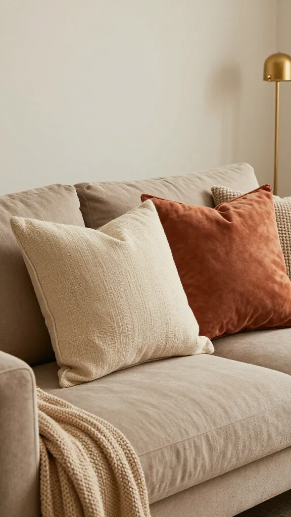 A living room vignette with a taupe sofa, layering biscuit and sand pillows in different textures (linen, velvet, knit) and a single warm terracotta accent pillow; gold-toned decor and soft ambient lighting.