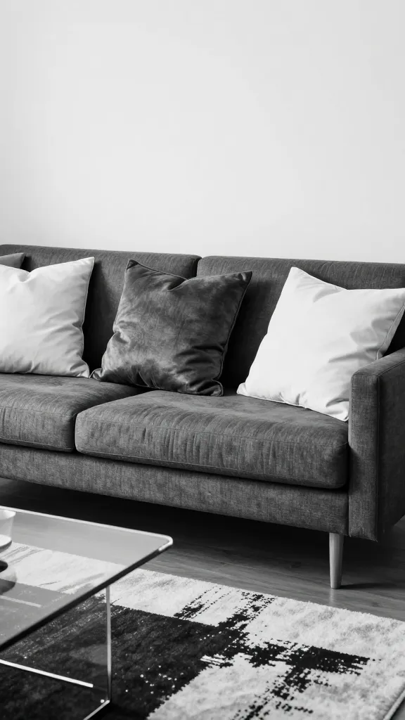 A bold monochrome setup on a mid-century sofa: gunmetal and charcoal pillows with subtle sheen, contrasted by matte white pillows; a glass coffee table and a black-and-white abstract rug.