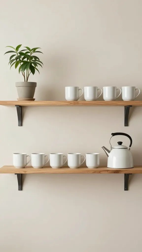 A kitchen shelving scene with a clean, minimal baseline: symmetrical arrangement of two evenly spaced shelves, neutral wall behind, with a single tall plant on one side, a row of uniform white mugs, and a hot kettle as anchor pieces, in warm farmhouse vibe.