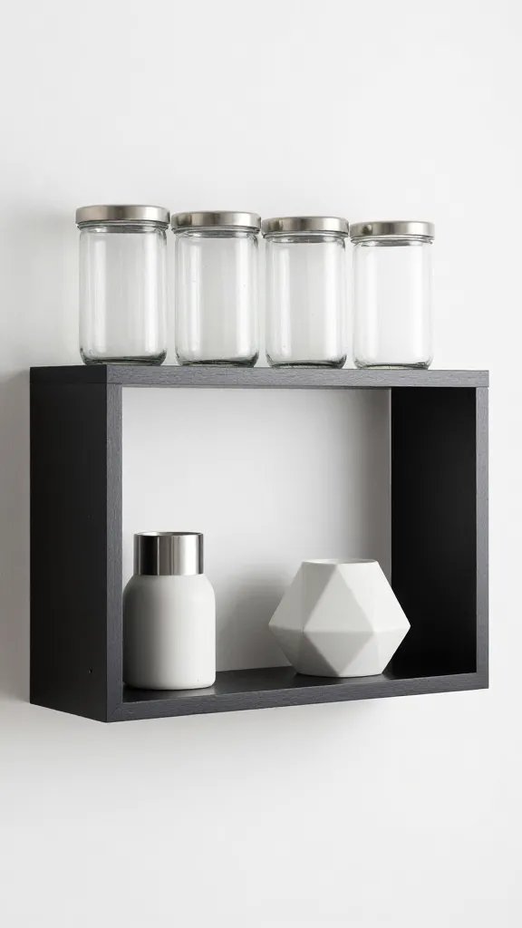 A modern sleek kitchen shelf styling: glass jars with metallic lids, a few geometric ceramic vessels, and a small knife block; color palette of blacks, whites, and stainless steel accents, with hidden clutter and tidy spacing.