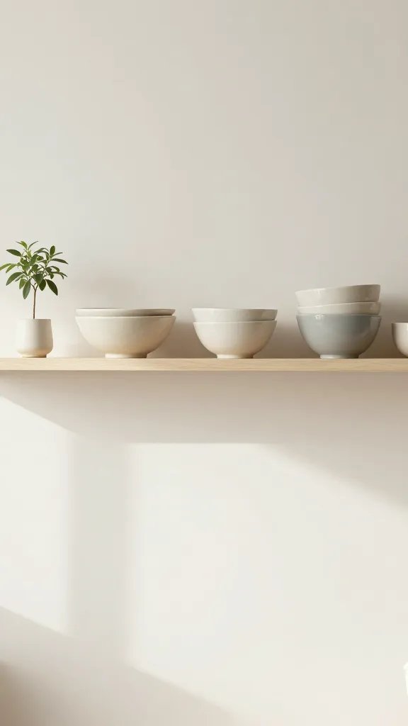 An airy minimal kitchen shelf setup: open space above a few neatly stacked bowls, a slender plant on one end, soft natural light casting gentle shadows, and a color story of ivory, beige, and pale gray.