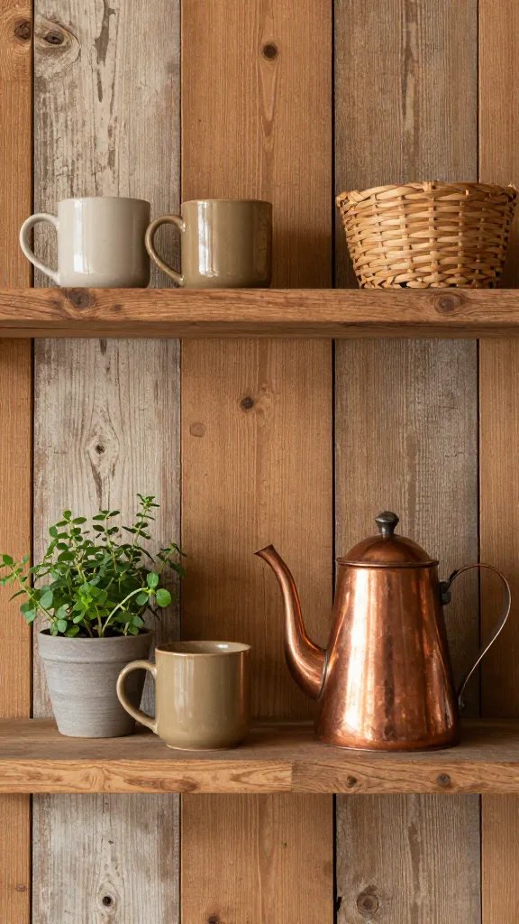 A warm farmhouse shelf arrangement: distressed wood backing, warm-toned ceramic mugs, a copper teapot, a small woven basket, and a potted herb plant, balanced asymmetrically for visual interest.
