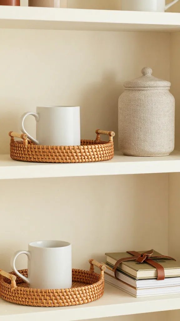 A clutter-free shelf with texture variety: matte ceramic mugs, rattan tray, a linen-covered jar, and a small stack of recipe books tied with a leather strap, set against a soft cream backdrop.