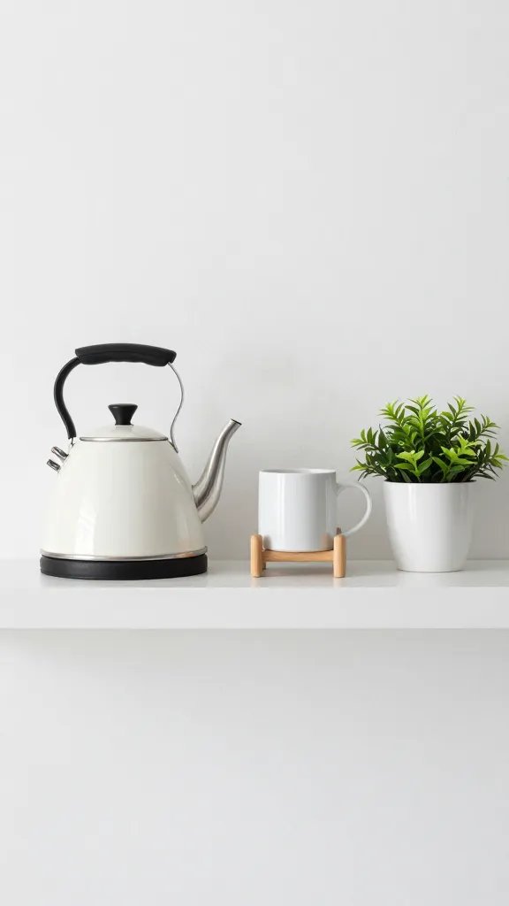 A kitchen shelf focused on anchor pieces: a favorite kettle, a mug on a simple wooden stand, a compact plant, and a single statement utensil holder, with negative space and clean lines.