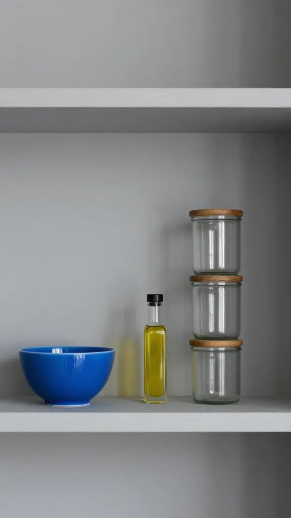 A color-coordinated shelf using a limited palette: two tones of grayware, a single pop of color (blue bowl) on one side, a vertical stack of three glass jars, and a slim bottle of oil, all evenly spaced.