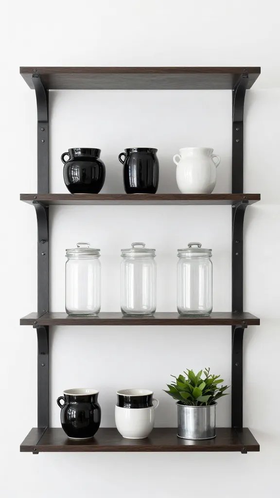 A high-contrast industrial-modern shelf: dark metal brackets, black-and-white ceramics, clear glass canisters, and a small metal plant container, with precise alignment and measured spacing.
