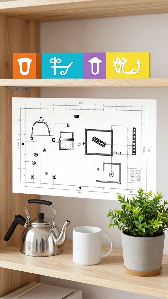 A shelf plan showing measurement and planning: diagrammatic overlay on a photo with labeled anchor pieces (kettle, mug, plant) and a color/story board in the background to illustrate planning process.
