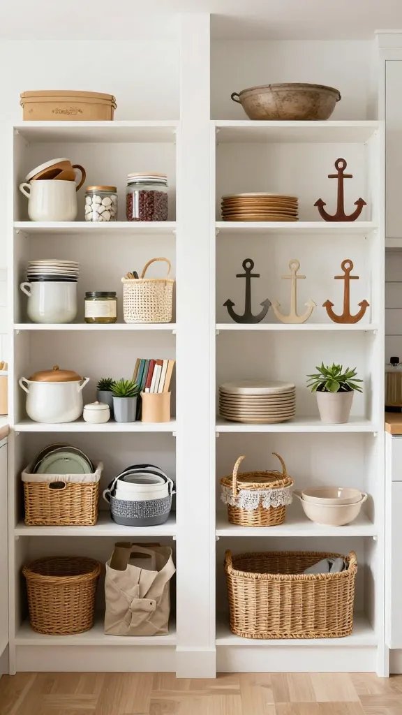 A before-and-after styled montage: left shelf chaotic with mixed items, right shelf after styling with a clean foundation, balanced anchors, and a cohesive texture mix, in a bright, sunlit kitchen.