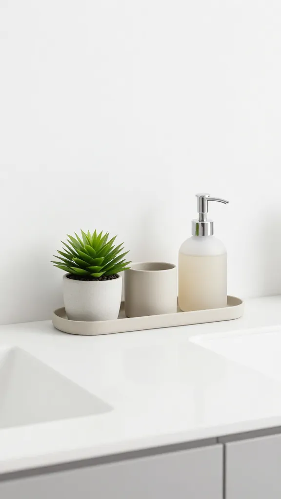A minimalist bathroom countertop setup featuring a single slim tray, two neutral-toned containers, a small green plant, and a clean, frosted soap dispenser against a bright, uncluttered vanity.