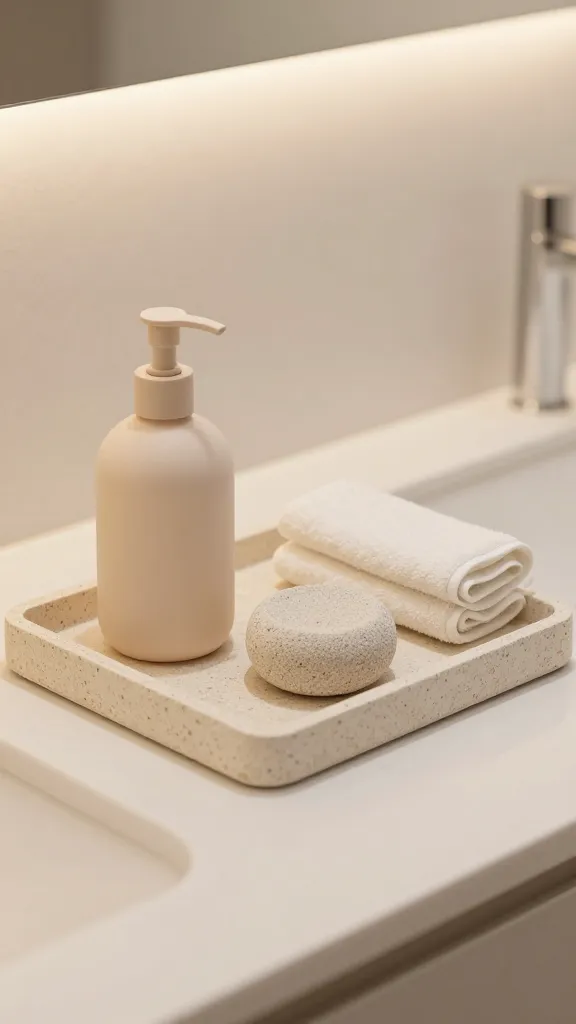 Spa-inspired bathroom counter with a tactile stone-textured tray, a softly colored lotion bottle, a round pumice stone, and a delicate folded towel, bathed in warm, diffuse lighting.