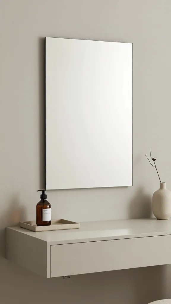 clutter-free vanity with a single rectangular mirror, a low-profile tray holding one pump bottle, a small vase with a single stem, and a plain ceramic vessel, all in cool gray-beige tones.