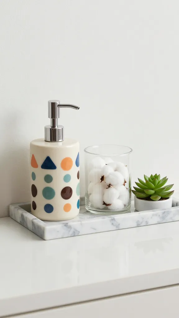 Playful yet chic counter arrangement showcasing a quirky patterned soap dispenser, a minimalist glass jar with cotton rounds, a tiny succulent, and a glossy marble-look tray.