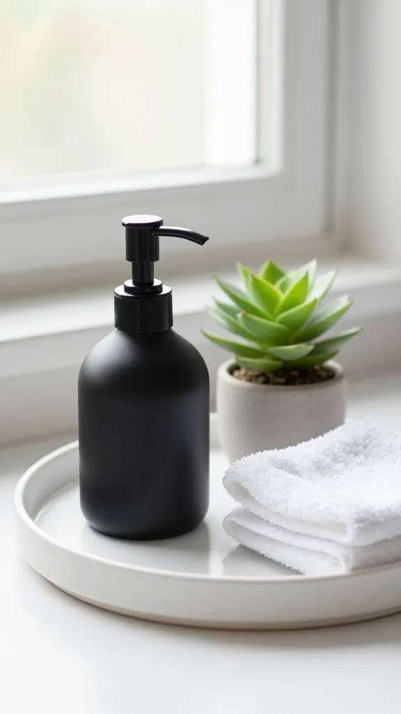 Clean and serene setup featuring a white ceramic tray, a matte black soap dispenser, a single green plant in a small pot, and a small folded white hand towel, with soft daylight from a nearby window.