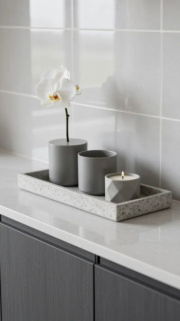 Sleek contemporary counter with a stone-textured tray, a set of matching monochrome containers, a single orchid stem, and a geometric candle, against a glossy tiled backdrop.
