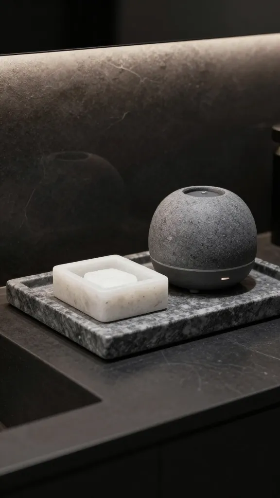 Bold spa vibe on a dark vanity: polished stone-look tray, soft gray accessories, a square white stone soap dish, and a low-profile diffuser, with subtle backlighting.