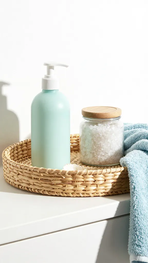 Coastal-inspired counter: woven-texture tray, seafoam soap bottle, salt-textured jar, and a small shell accent, paired with a light blue towel and bright natural light.