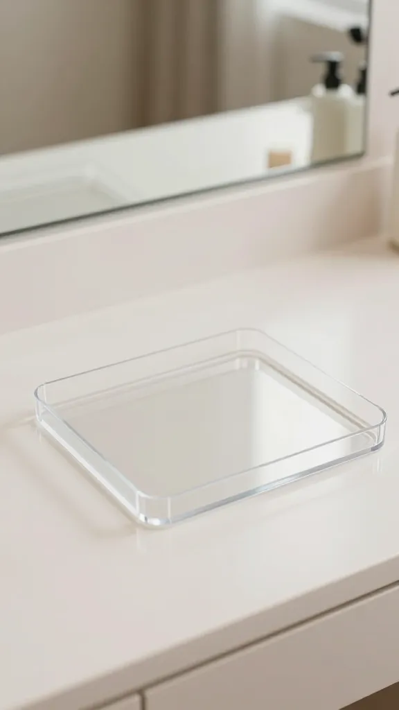 Practical planning scene: empty vanity surface cleaned and staged with a labeled outline for future items, a single transparent tray placed to show open space, and a soft focus background to suggest a calm, organized vibe.