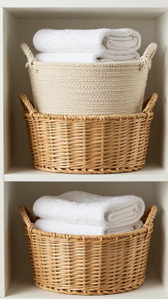 A set of three bathroom baskets on an open shelf, each varying in size and material (cotton rope, wicker, and seagrass) with neatly folded fluffy towels peeking out and soft, natural lighting.