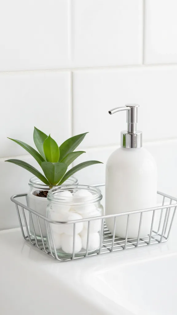 A close-up of a minimalist metal basket on a vanity holding small glass jars of cotton balls, a jade plant, and a sleek soap dispenser, against a clean, white tile backdrop.