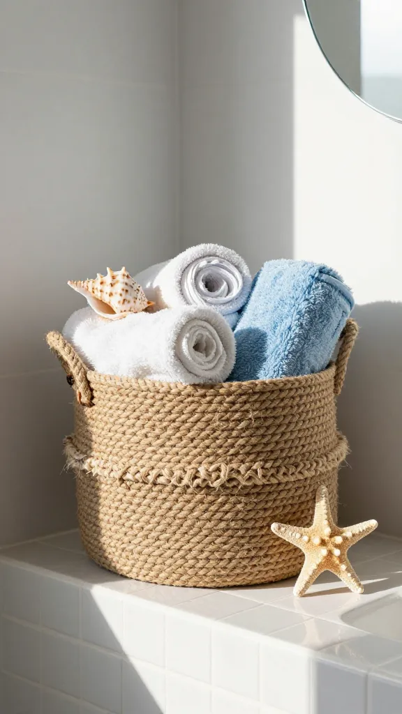 A coastal-inspired bathroom vignette: cotton rope basket on a tiled shelf, filled with rolled beachy towels, a seashell, and a small starfish accent, with airy daylight streaming in.