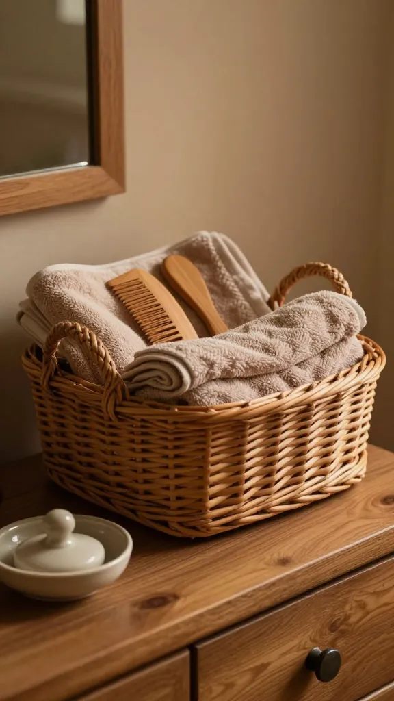 A warm, earthy scene: wicker basket on a wooden vanity, containing folded towels, a wooden comb, and a ceramic soap dish, with warm ambient lighting.