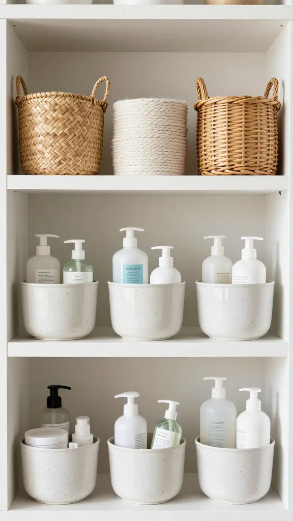 An organized open-shelf arrangement: three baskets (seagrass, cotton rope, and wicker) aligned above stacked prettified containers, each holding bathroom essentials, in a bright, sunlit room.