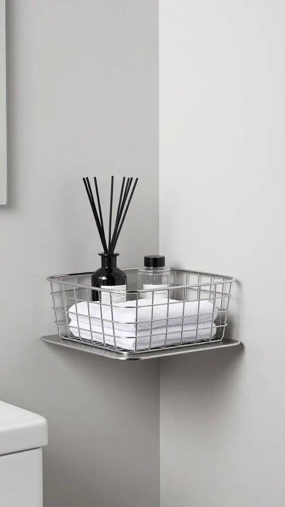 A modern, sleek bathroom corner featuring a metal-framed basket perched on a floating shelf, filled with reed diffusers, small towels, and minimalist glass jars.