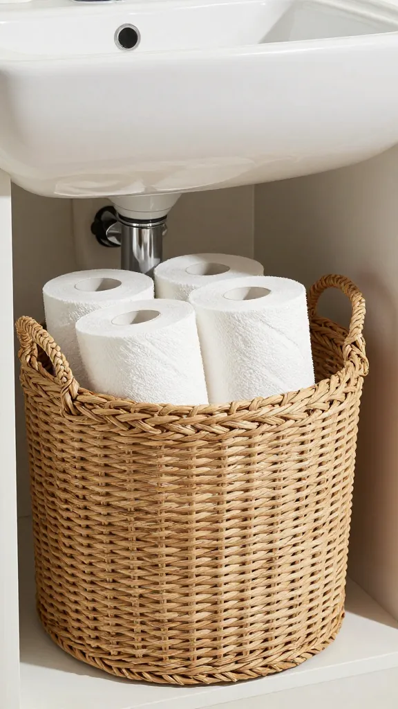 A vanity with a large woven seagrass basket under the sink, used as a hideaway for extra toilet paper and rolled towels, with soft shadows and a clean, uncluttered look.