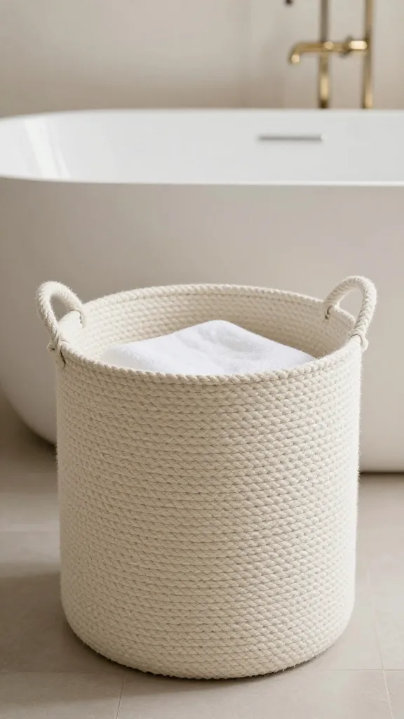 A dramatic, spa-inspired setup: a round, oversized cotton rope basket serving as a towel storage focal point beside a freestanding tub, with soft, diffused lighting.