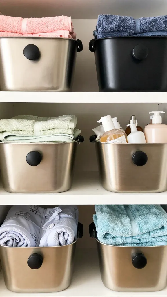 A playful, color-coordinated scene: multiple baskets in coordinating hardware tones (matte black knobs, brushed nickel) on a shelf, each filled with different bath essentials and color-tinted towels.