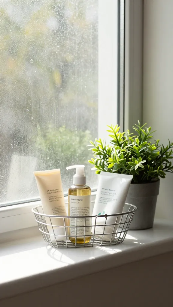 A tidy corner with a small metal basket on a window ledge, holding travel-sized toiletries and a potted plant, sunlight filtering through frosted glass for a fresh, airy vibe.