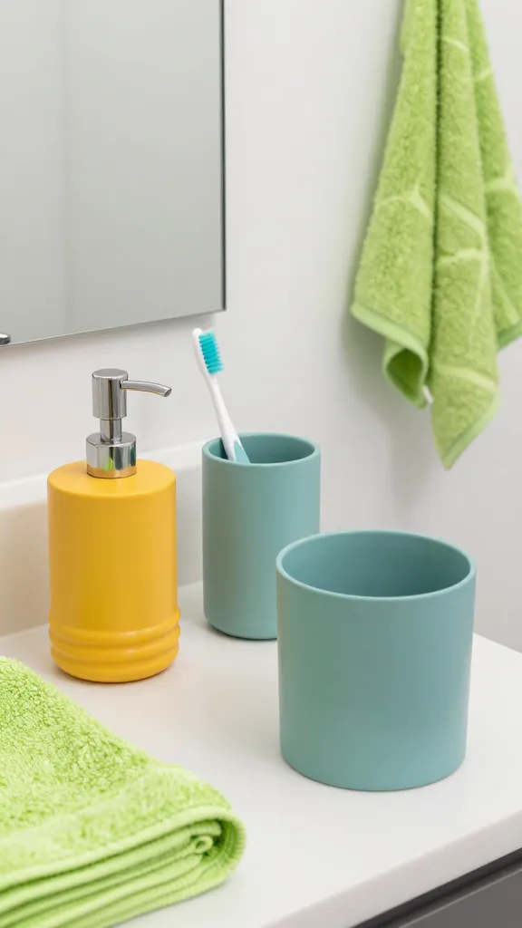 How to Decorate Bathroom Accessories for a Chic Calm 2 A stylish bathroom countertop scene featuring a bold colorful soap dispenser, matching toothbrush holder, and a small waste bin in calming teal, with a complementary bright towel and a patterned shower curtain in the background.