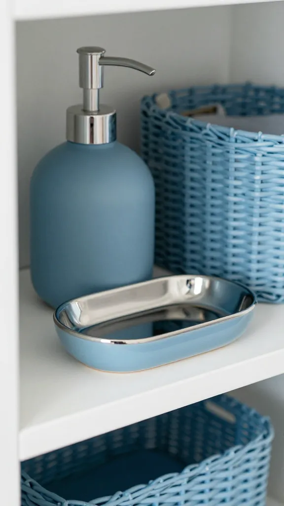 How to Decorate Bathroom Accessories for a Chic Calm 3 A close-up of a bathroom shelf showing a layered palette: matte ceramic soap pump, glossy metal soap dish, and a textured woven basket, all in ocean-blue tones, with soft natural light.