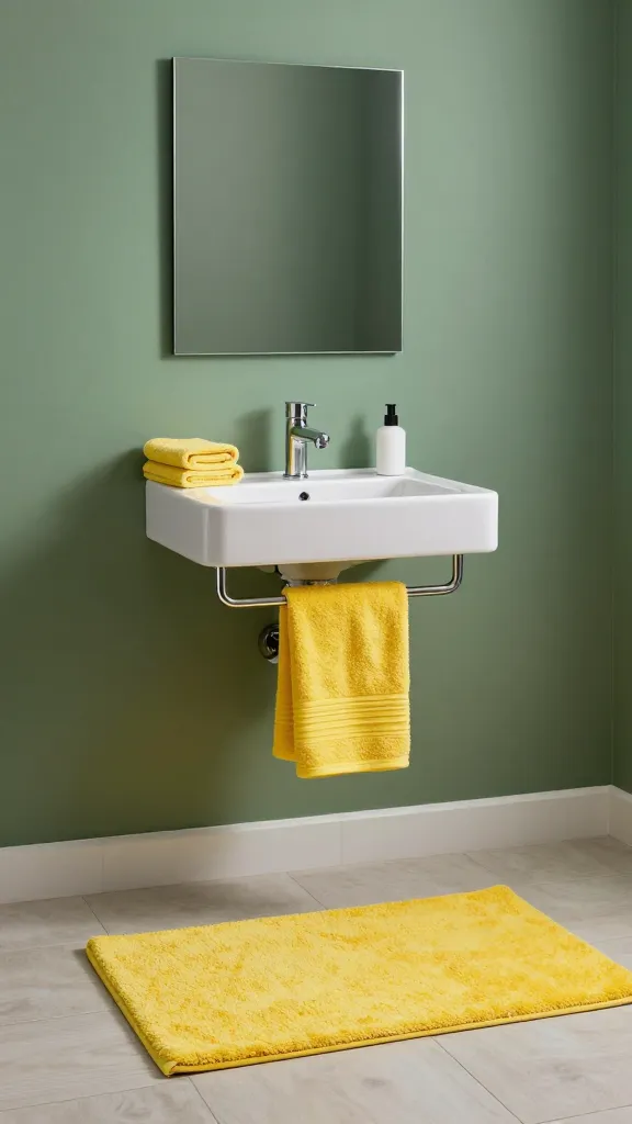 How to Decorate Bathroom Accessories for a Chic Calm 4 A vibrant bathroom mirror area highlighting a vivid yellow rug in front of a sink, a coordinating towel set, and a wall with a subtle moody green accent, minimal clutter.