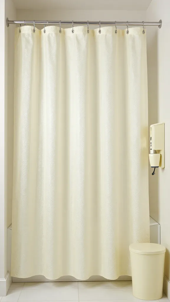 How to Decorate Bathroom Accessories for a Chic Calm 5 A shower area focused on a bright, patterned shower curtain as the focal point, paired with a set of matching bathroom accessories (dispenser, cup, and waste bin) in the same hue, with soft ambient lighting.