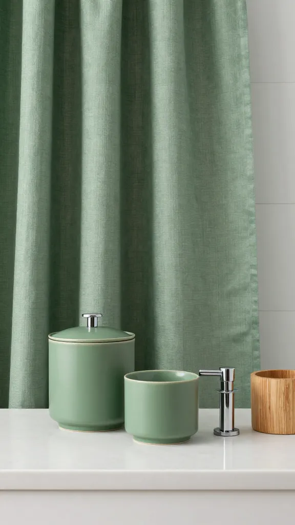 How to Decorate Bathroom Accessories for a Chic Calm 6 A mooded-green bathroom vignette: matte green ceramic containers, chrome fixtures, a fabric shower curtain, and natural wood accents on a clean countertop.