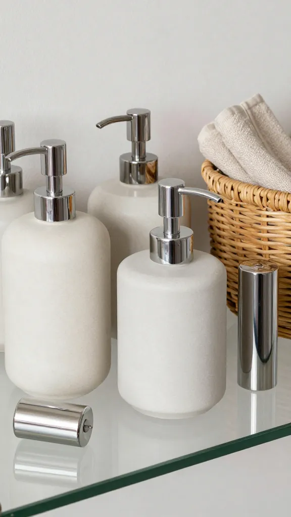 How to Decorate Bathroom Accessories for a Chic Calm 7 Textured depth shot: a mix of matte ceramic soap dispensers and glossy metal accessories arranged on a glass shelf, complemented by a woven basket and a linen towel in coordinating colors.