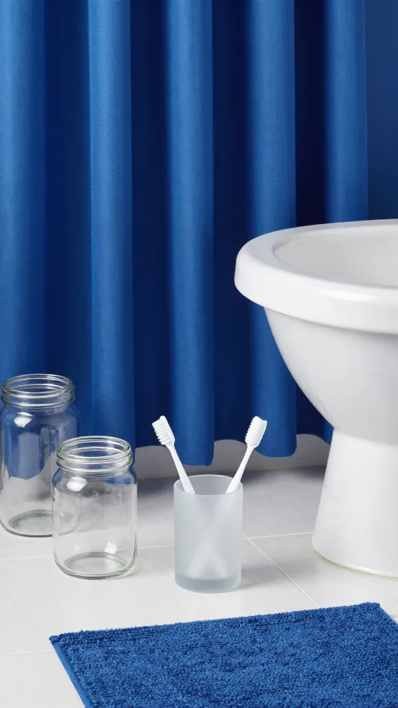 How to Decorate Bathroom Accessories for a Chic Calm 8 A calming blue and white palette scene: glass jars, a frosted glass toothbrush holder, a white sink, and a blue rug, with a bold blue shower curtain adding contrast.