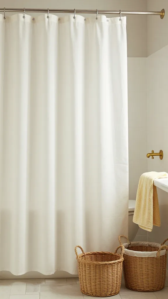 How to Decorate Bathroom Accessories for a Chic Calm 9 A small-bathroom style shot featuring a reusable fabric shower curtain, warm-toned woven baskets, a soft yellow hand towel, and brushed brass hardware for a cohesive look.