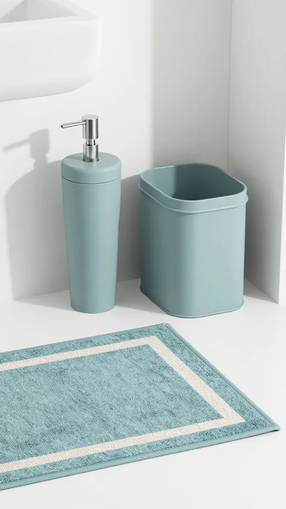 How to Decorate Bathroom Accessories for a Chic Calm 10 A minimalist vanity setup showing a single color-coordinated set of accessories (dispenser, tumbler, and waste bin) in 1–2 hues, plus a matching border rug and towel in a calm blue-green palette.