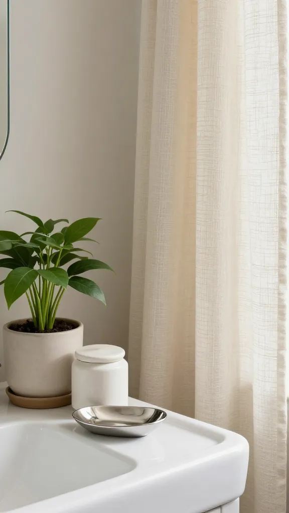 How to Decorate Bathroom Accessories for a Chic Calm 11 An airy, texture-rich bathroom corner: a potted plant on the sink, matte ceramic jars, a glossy metallic soap dish, and a textured fabric curtain in cream, all harmonizing with a subtle accent color.