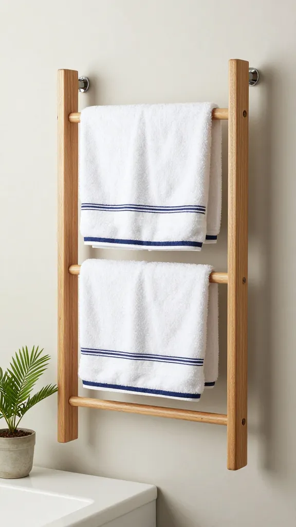 A spa-inspired bathroom scene featuring a wooden towel rack with two white towels and a bold navy trim, accompanied by soft natural lighting and a small potted palm on the counter.