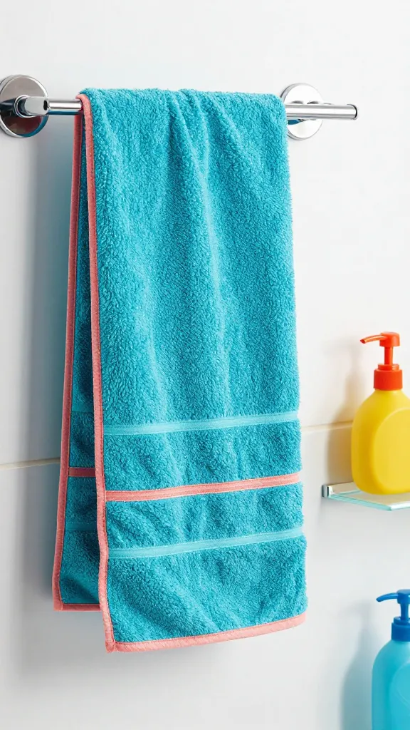 A playful and bold bathroom setup showing a bright teal towel with a contrasting coral trim, displayed on a sleek chrome rack beside colorful bathroom accessories.
