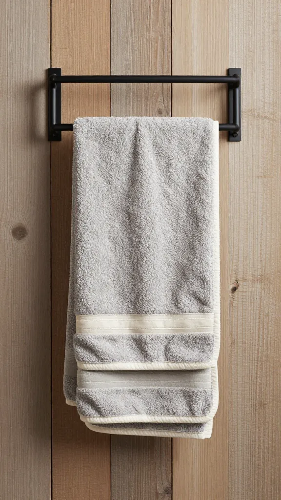 A rustic-minimal bathroom ambiance with a heather gray towel and a muted cream trim, hung on a matte black iron rack against weathered wooden walls.