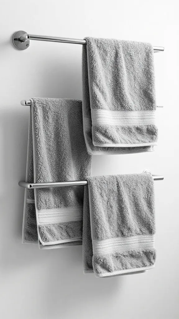 A monochrome calm bathroom vignette: multiple gray towels in varying shades, each with subtle white piping, arranged on a minimalist stainless steel rack.