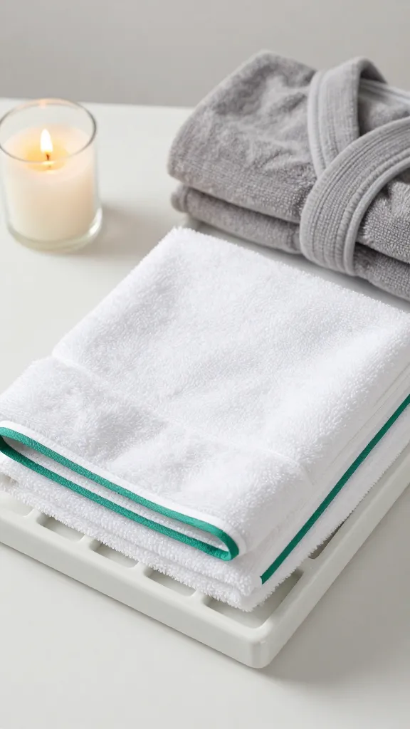 A luxury spa look featuring a crisp white towel with a thin emerald green edge, folded neatly on a white ceramic rack with candlelight and a folded gray robe nearby.