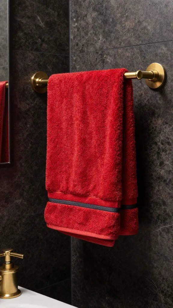 An Instagram-worthy bathroom corner with a bold red towel and a slim black trim on a floating rack, surrounded by dark granite surfaces and brass fixtures.